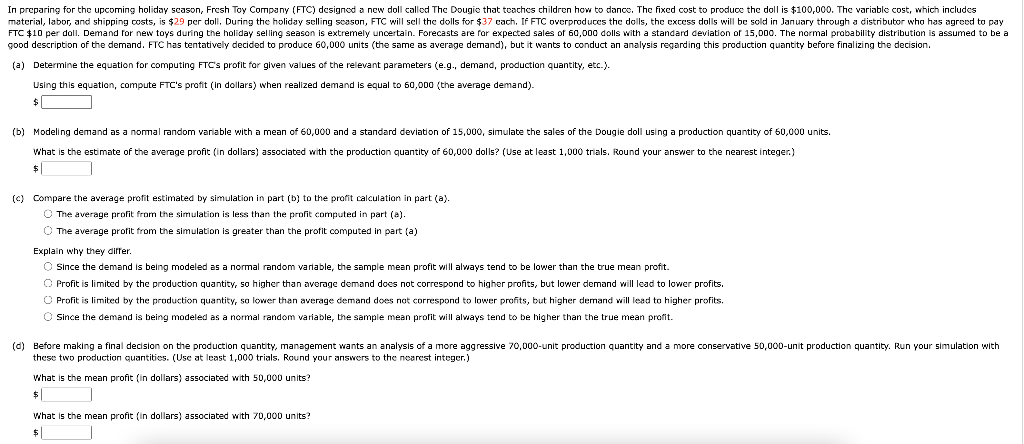  (a) Determine the equation for computing FTC's profit for given values