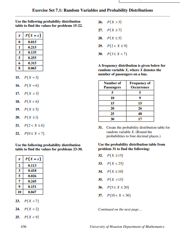  Exercise Set 7.1: Random Variables and Probability Distributions Use the following