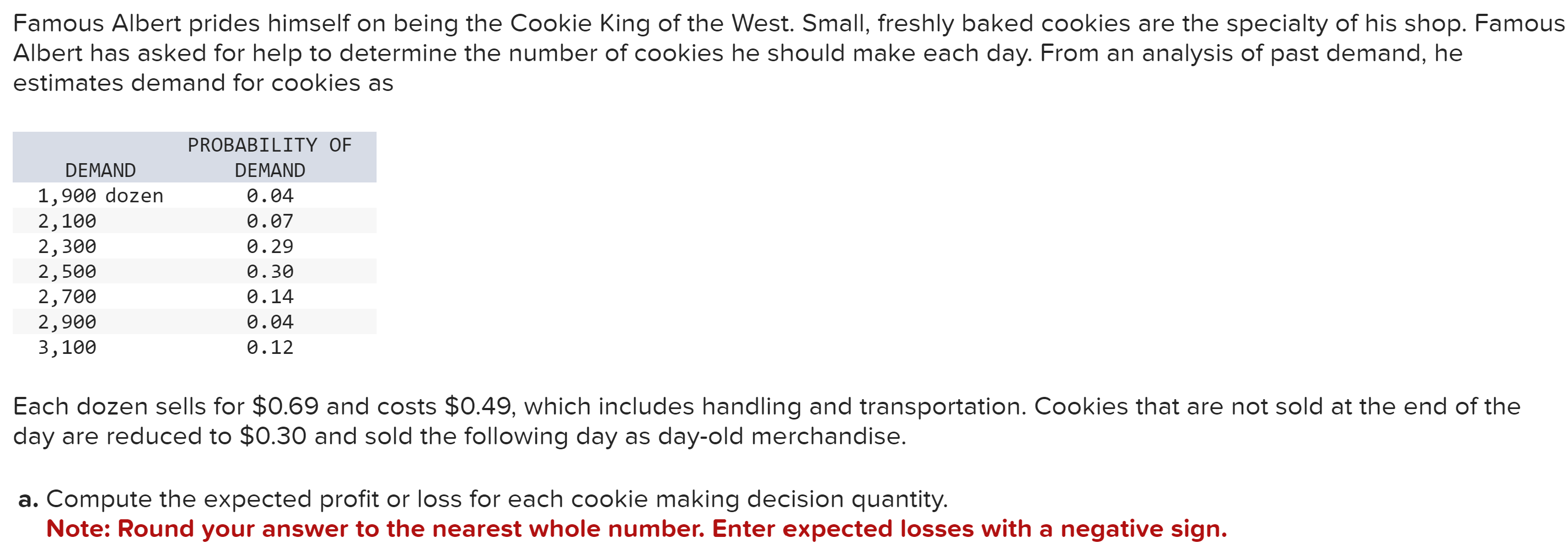 4. a. Compute the expected profit or loss for each cookie making