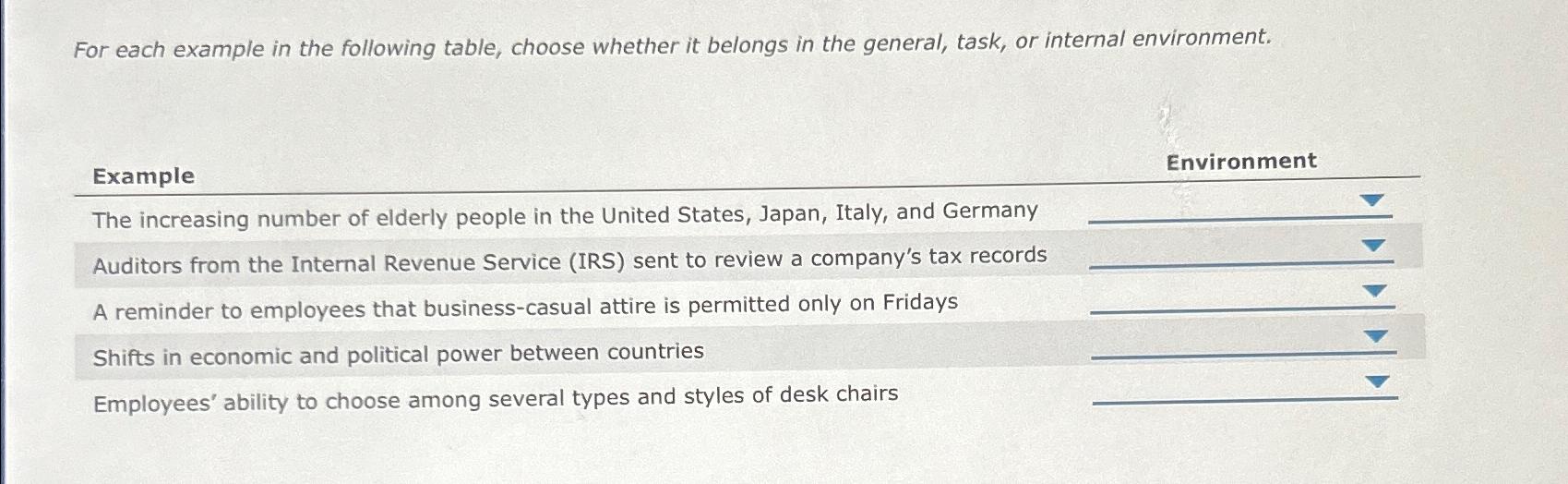  For each example in the following table, choose whether it belongs