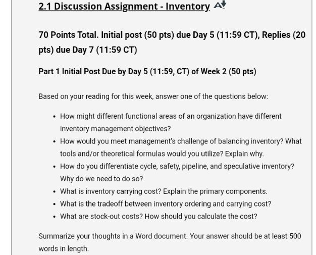  2.1 Discussion Assignment - Inventory. 70 Points Total. Initial post (50