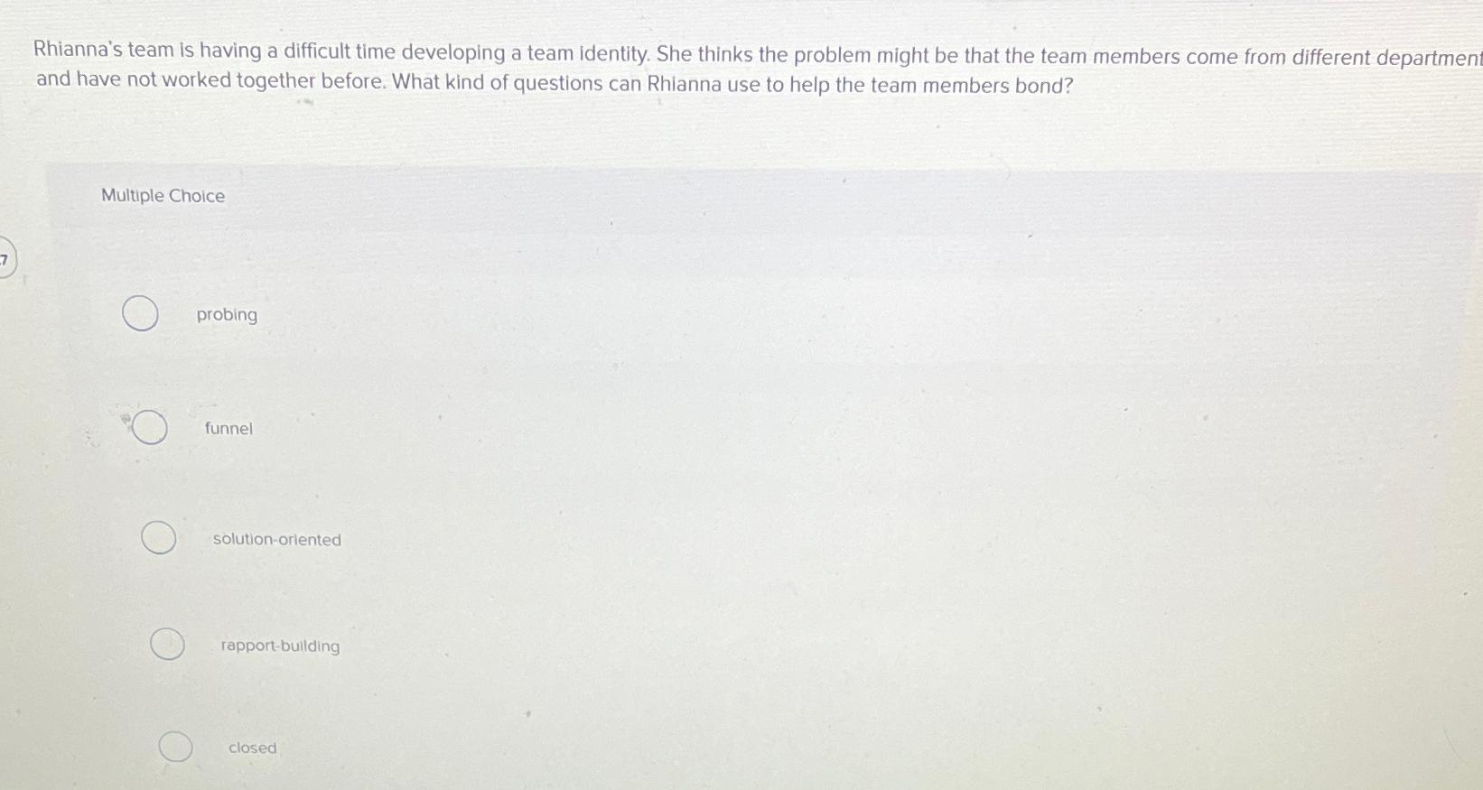  Rhianna's team is having a difficult time developing a team identity.