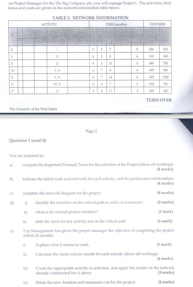 PLEASE SHOW WORKINGS As Project Manager for the The Big Company