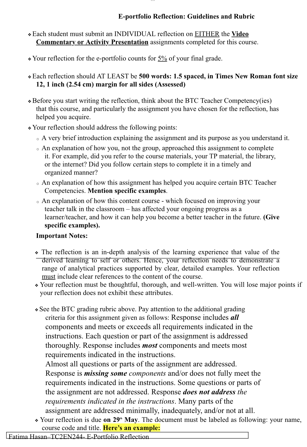  E-portfolio Reflection: Guidelines and Rubric * Each student must submit an