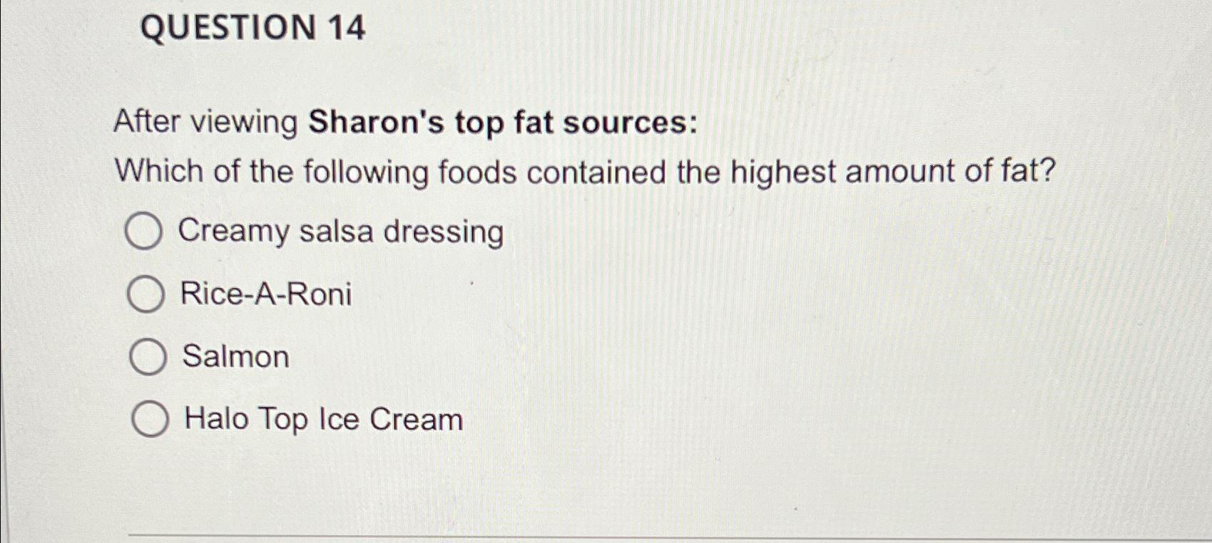  QUESTION 14 After viewing Sharon's top fat sources: Which of the