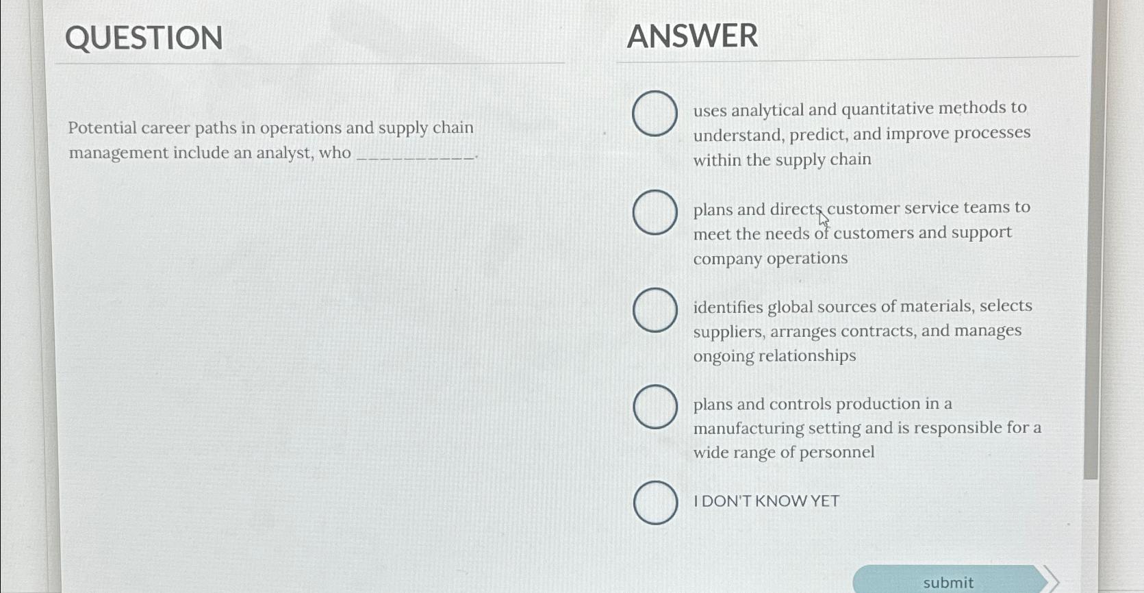  QUESTION ANSWER Potential career paths in operations and supply chain management