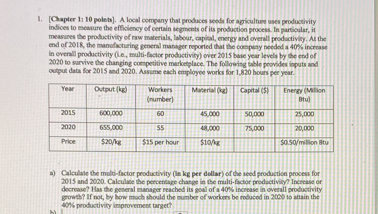 Struggling with this question keep getting the multi factor productivity calculations confused