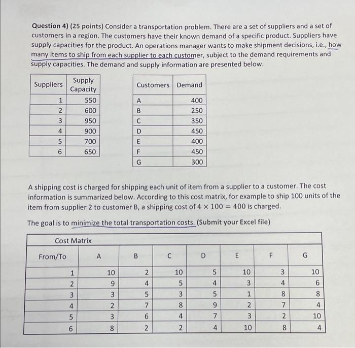  Question 4) (25 points) Consider a transportation problem. There are a