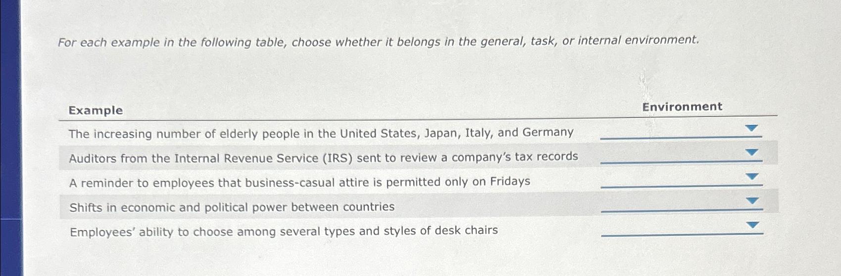  For each example in the following table, choose whether it belongs