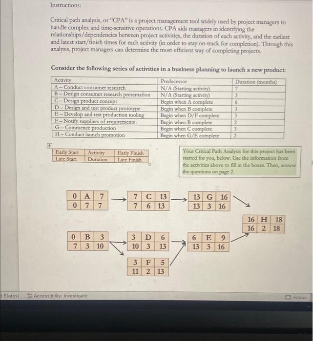  Instructions: Critical path analysis, or "CPA" is a project management tool