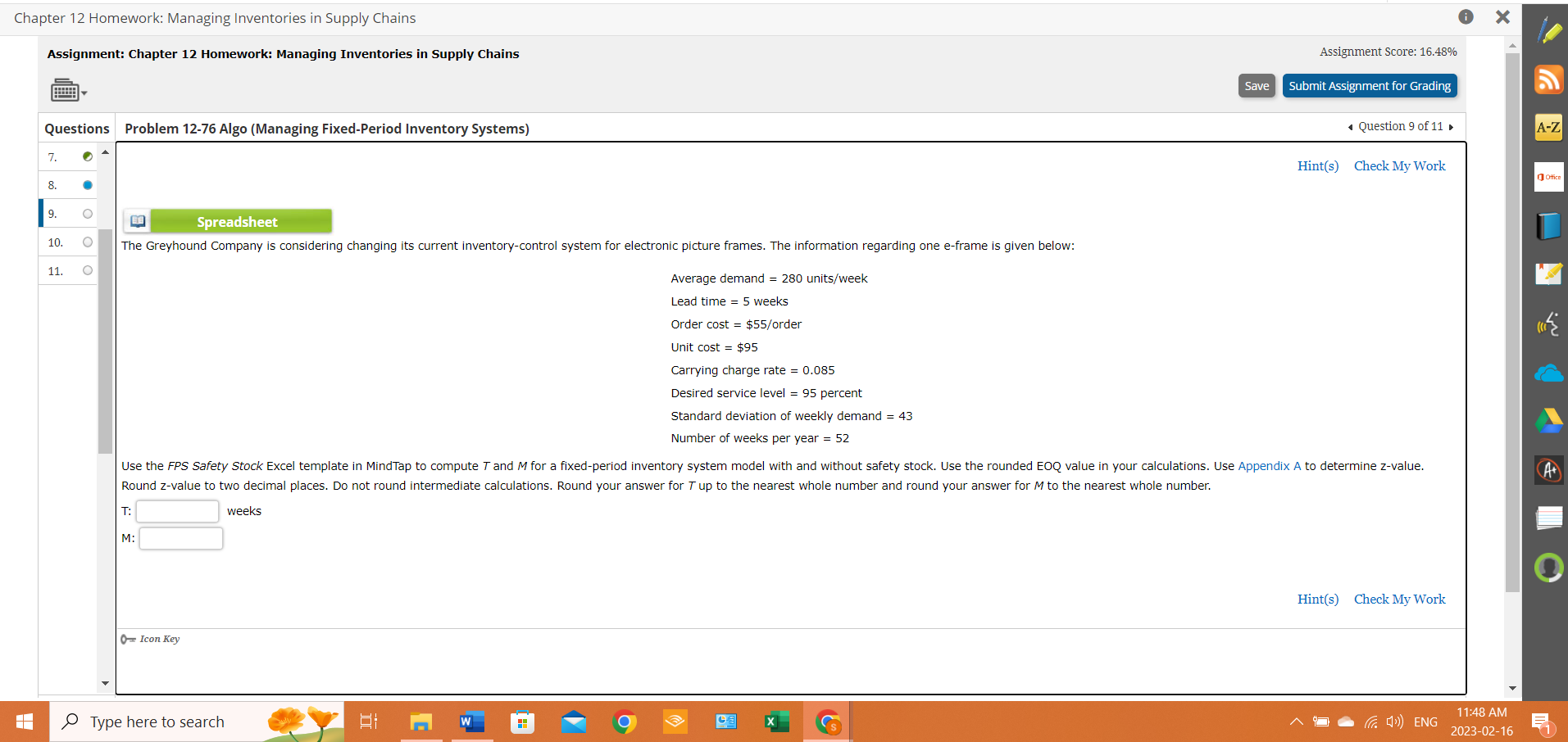 Assignment: Chapter 12 Homework: Managing Inventories in Supply Chains Assignment Score: