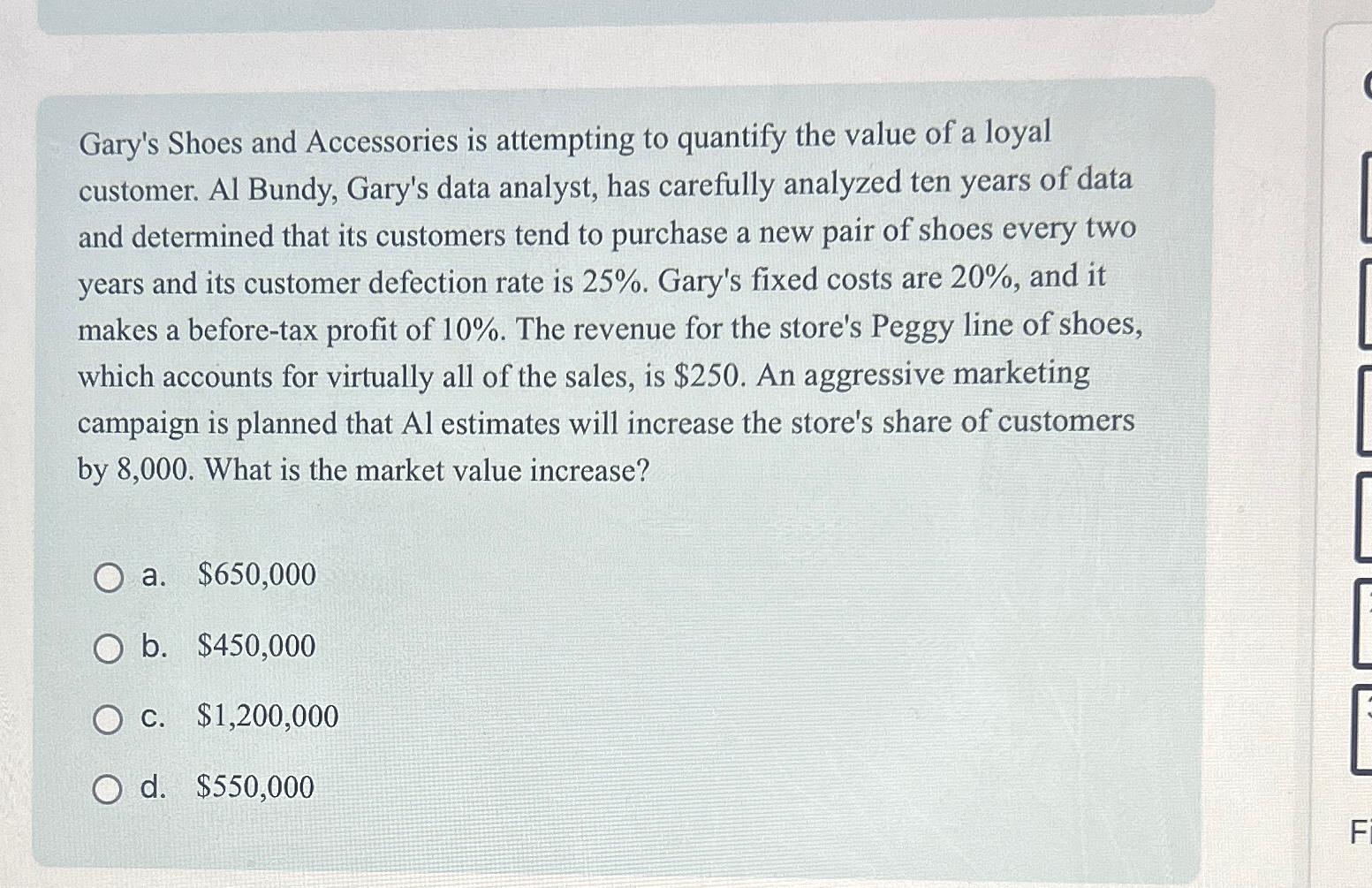  Gary's Shoes and Accessories is attempting to quantify the value of