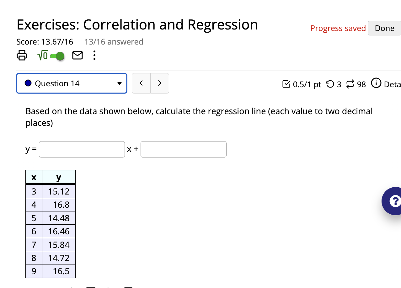  Exercises: Correlation and Regression Progress saved Done Score: 13.67/16 13/16 answered