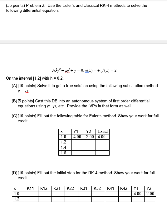 (35 points) Problem 2: Use the Euler's and classical RK-4 methods
