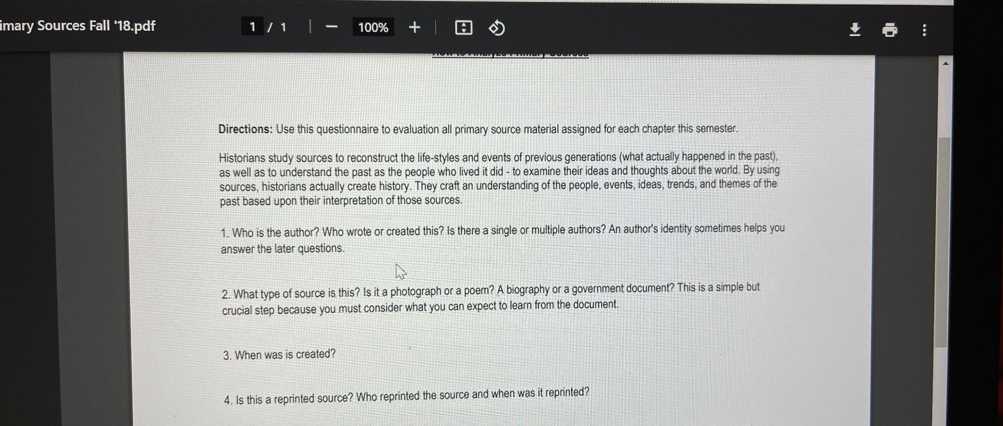  imary Sources Fall '18.pdf 11 100% Directions: Use this questionnaire to