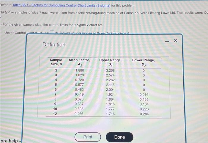 Computing Control Chart Limits i2 sigma) for this problem Thiryefive samples of
