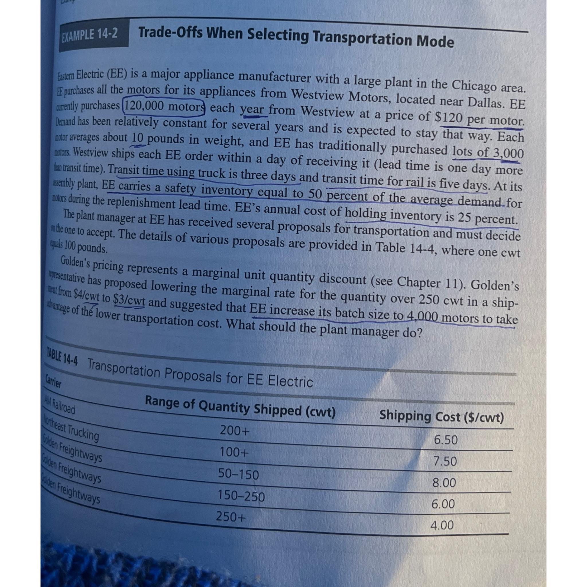  How to solve... EXAMPLE 14-2 Trade-Offs When Selecting Transportation Mode Essem