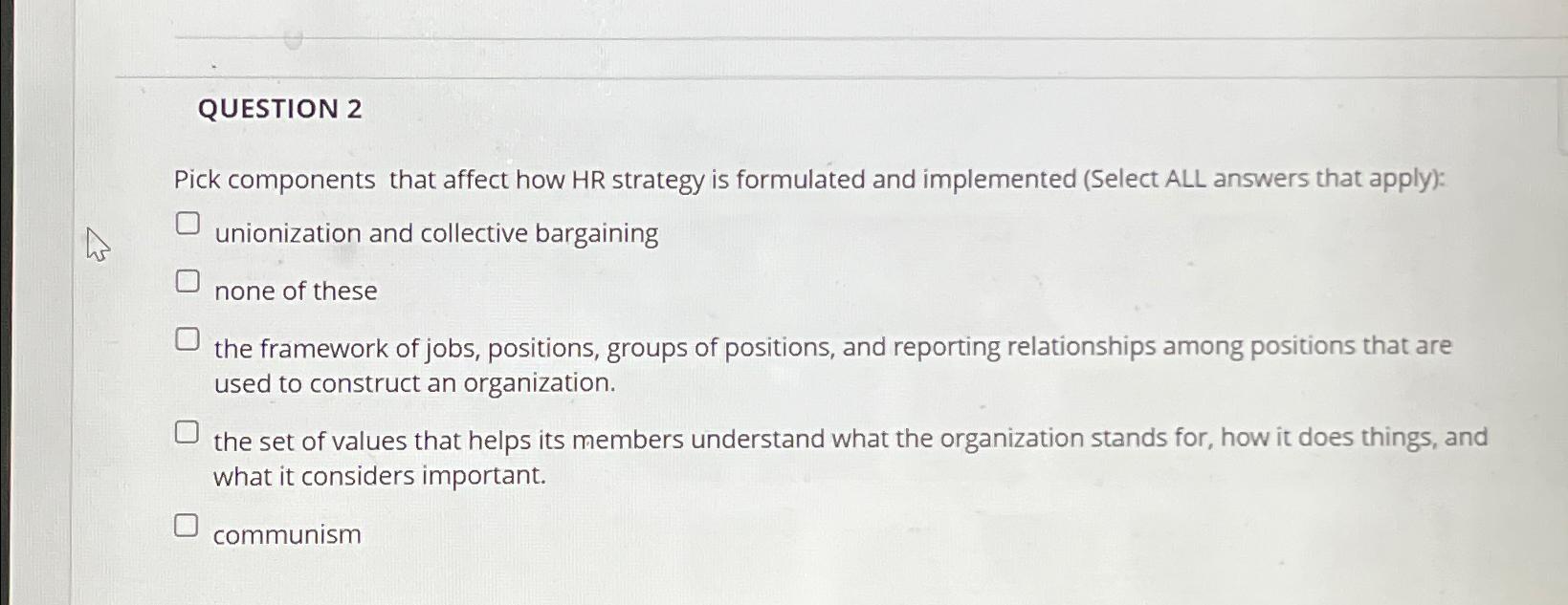  QUESTION 2 Pick components that affect how HR strategy is formulated