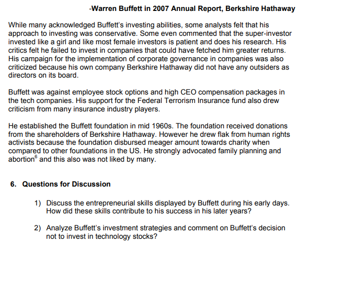 years? 2) Analyze Buffett's investment strategies and comment on Buffett's decision not
