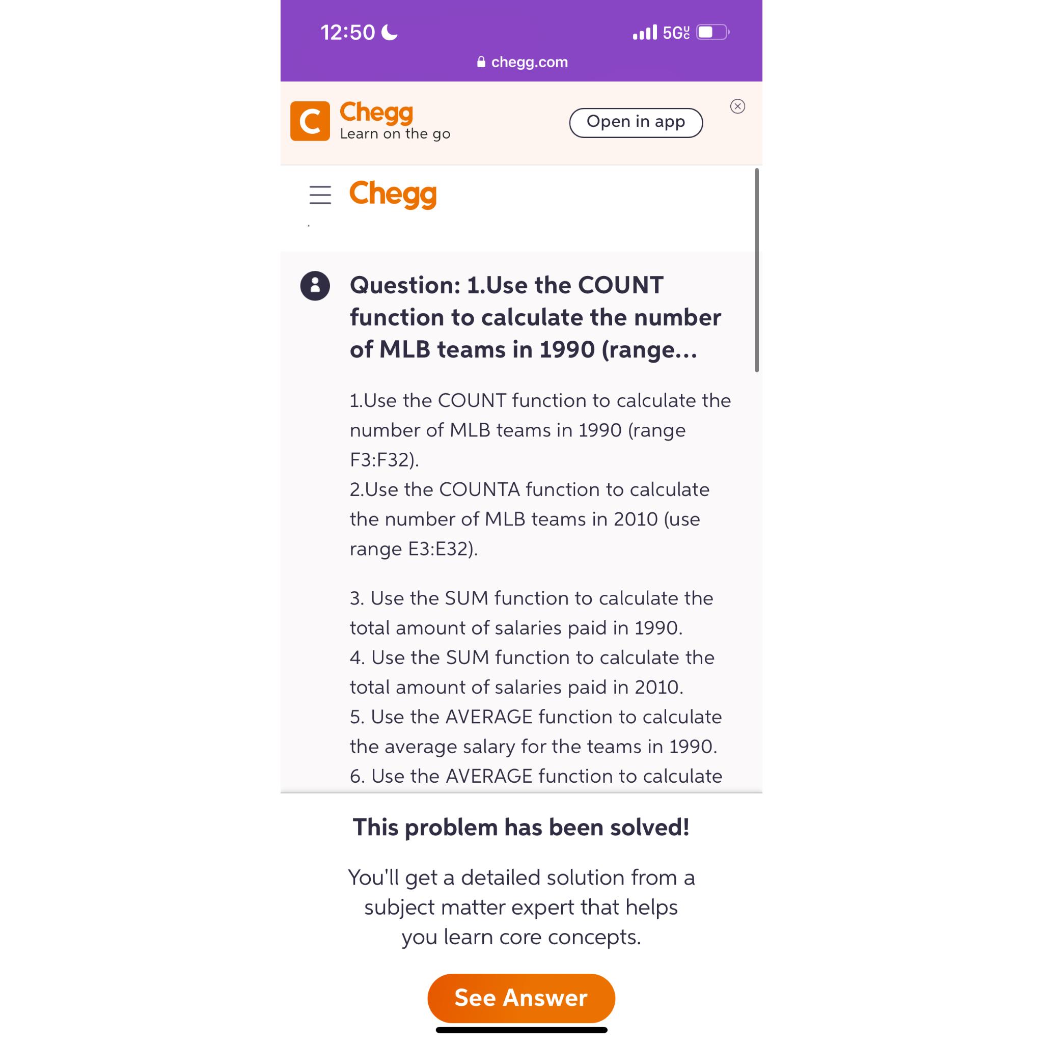  12:50 C in 5G chegg.com C Chegg Learn on the go