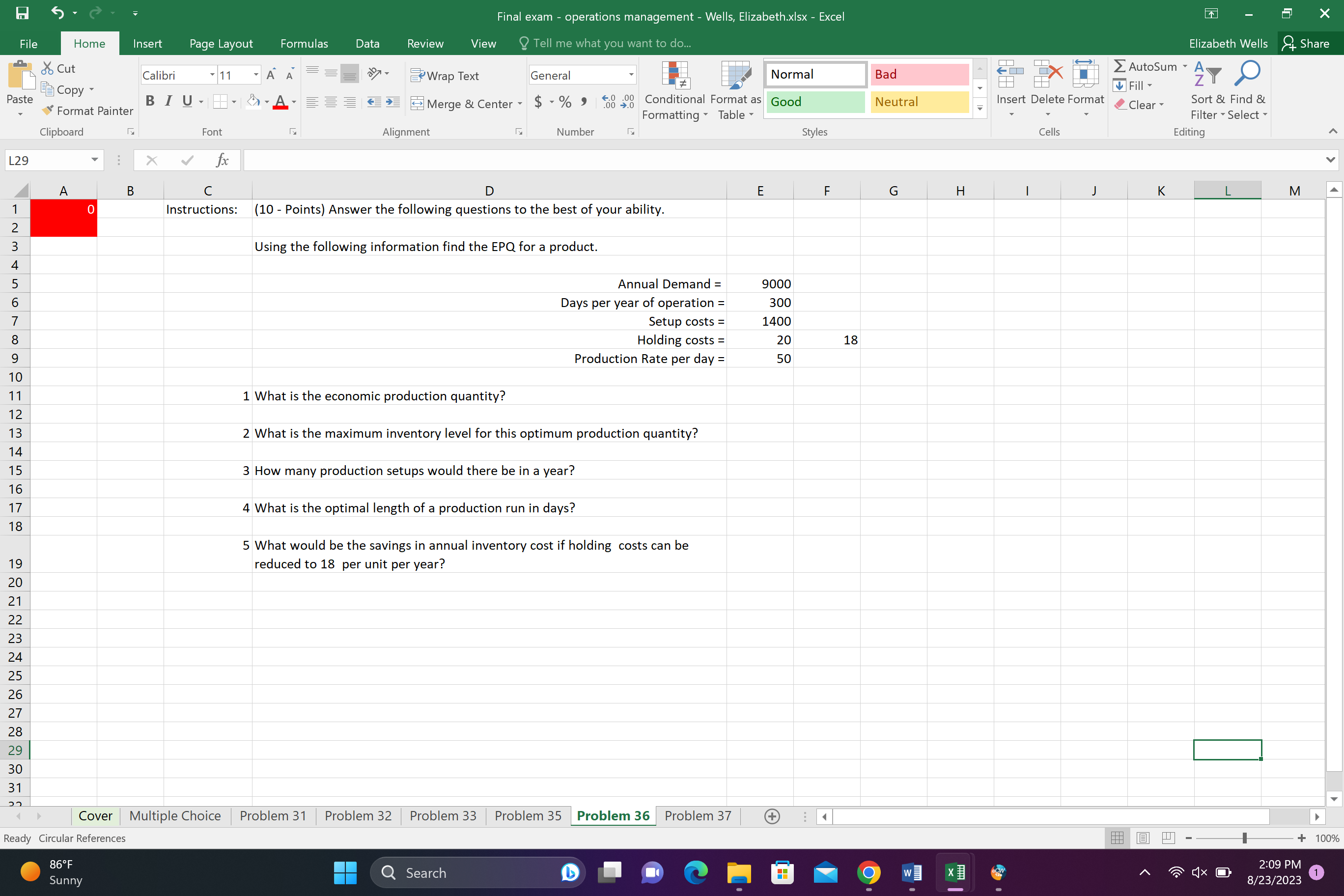Final exam - operations management - Wells, Elizabeth.xlsx - Excel File