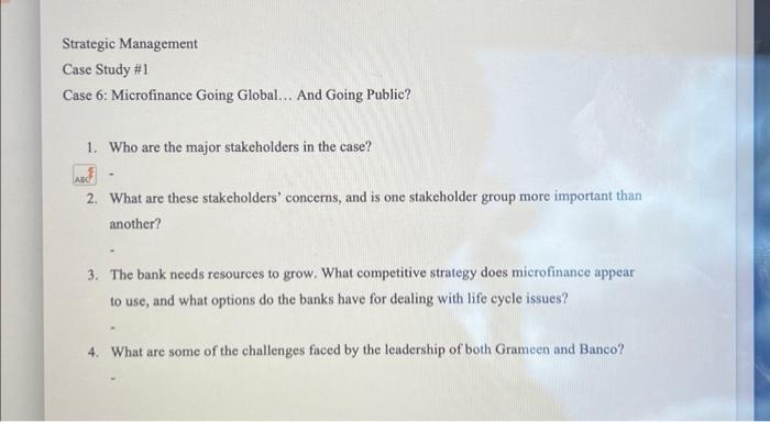 Strategic Management Case Study \#1 Case 6: Microfinance Going Global... And