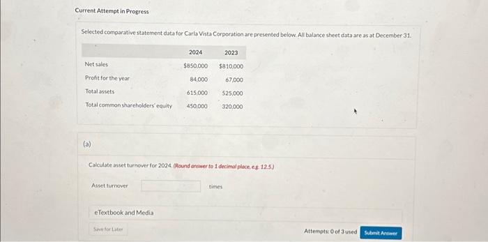  Current Attempt in Progress Selected comparative statement data for Carla Vista