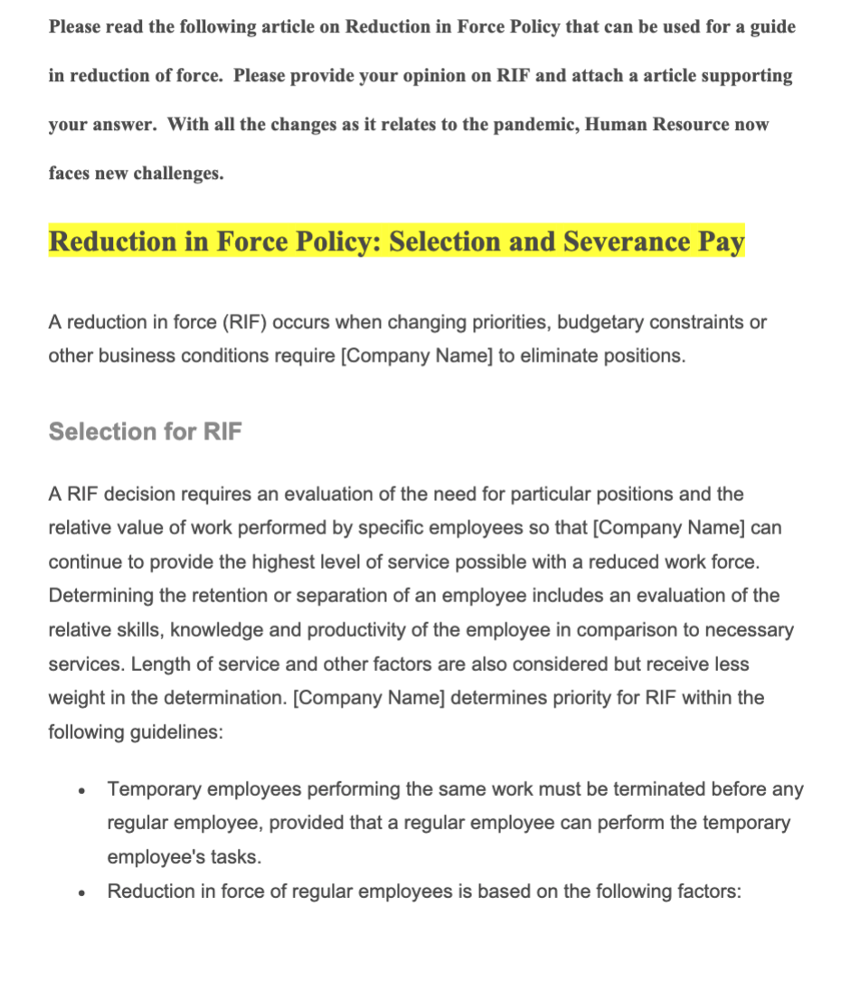  Please read the following article on the Reduction in Force Policy