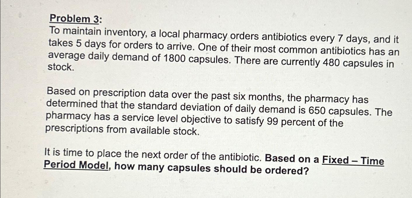  Problem 3: To maintain inventory, a local pharmacy orders antibiotics every