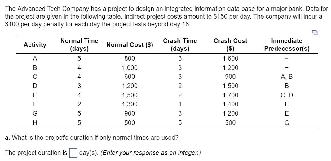 a. What is the project's duration if only normal times are used?