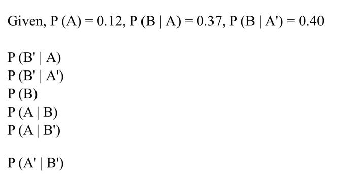  Given, P (A) = 0.12, P (B | A) = 0.37,