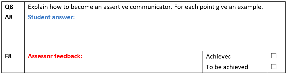  \begin{tabular}{|l|l|l|l|} \hline Q8 & Explain how to become an assertive communicator.