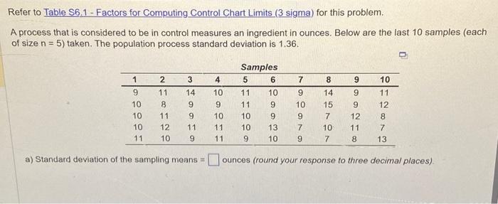  Refer to Table S6.1 - Factors for Computing Control Chart Limits