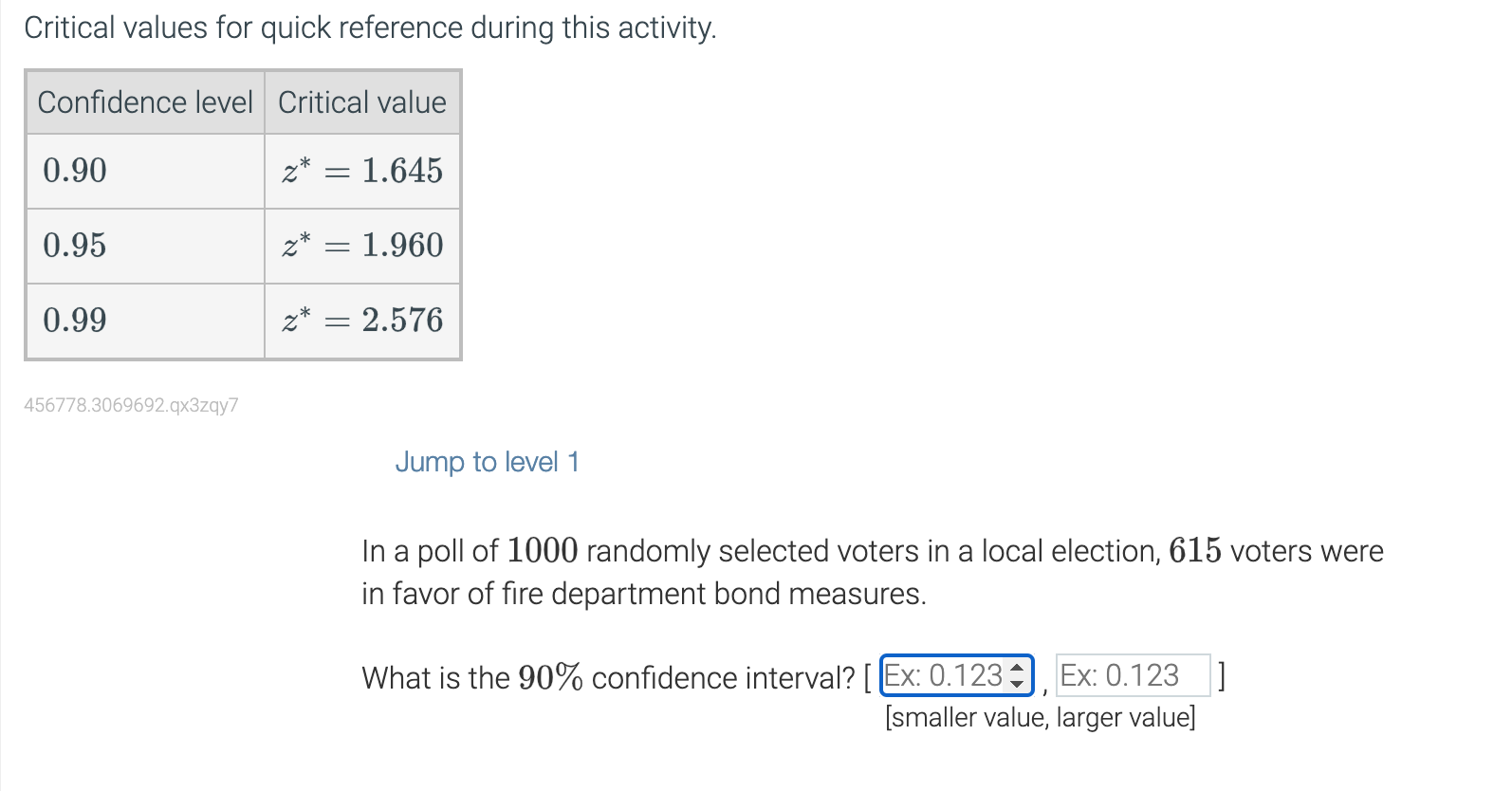 Critical values for quick reference during this activity. Condence level Critical