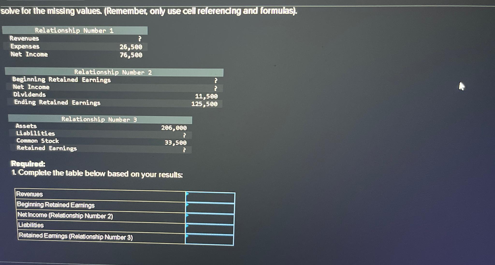  solve for the missing values. (Remember, only use cell referencing and