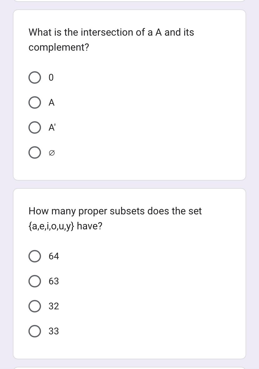 many proper subsets does the set {a,e,i,o,u,y} have? Clear selection What is