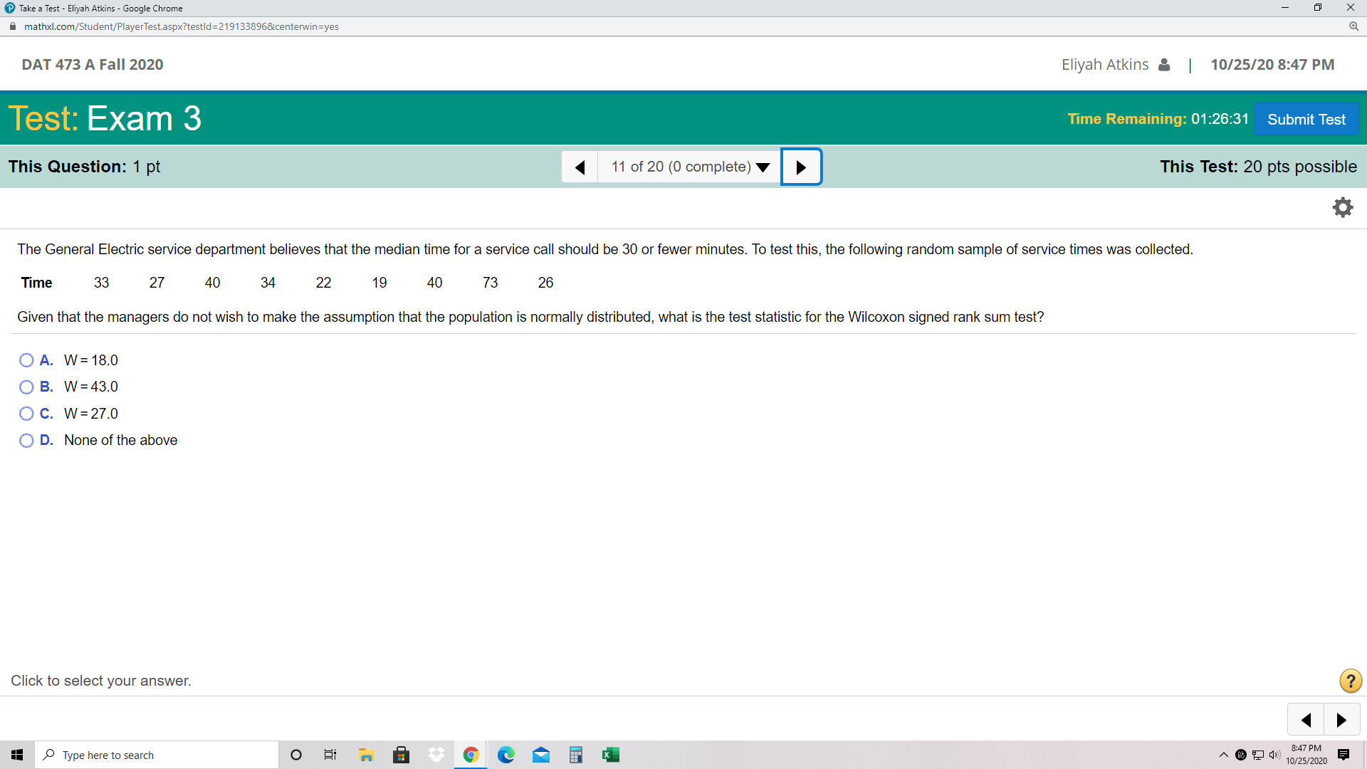 Question: 1 pt 9 of 20 (0 complete) This Test: 20 pts
