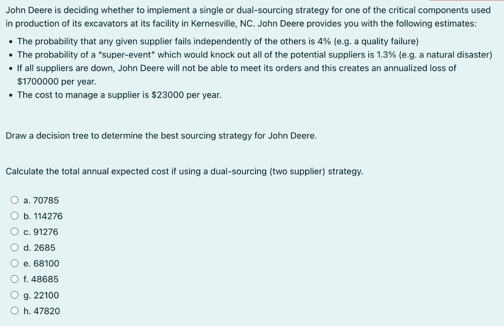  John Deere is deciding whether to implement a single or dual-sourcing