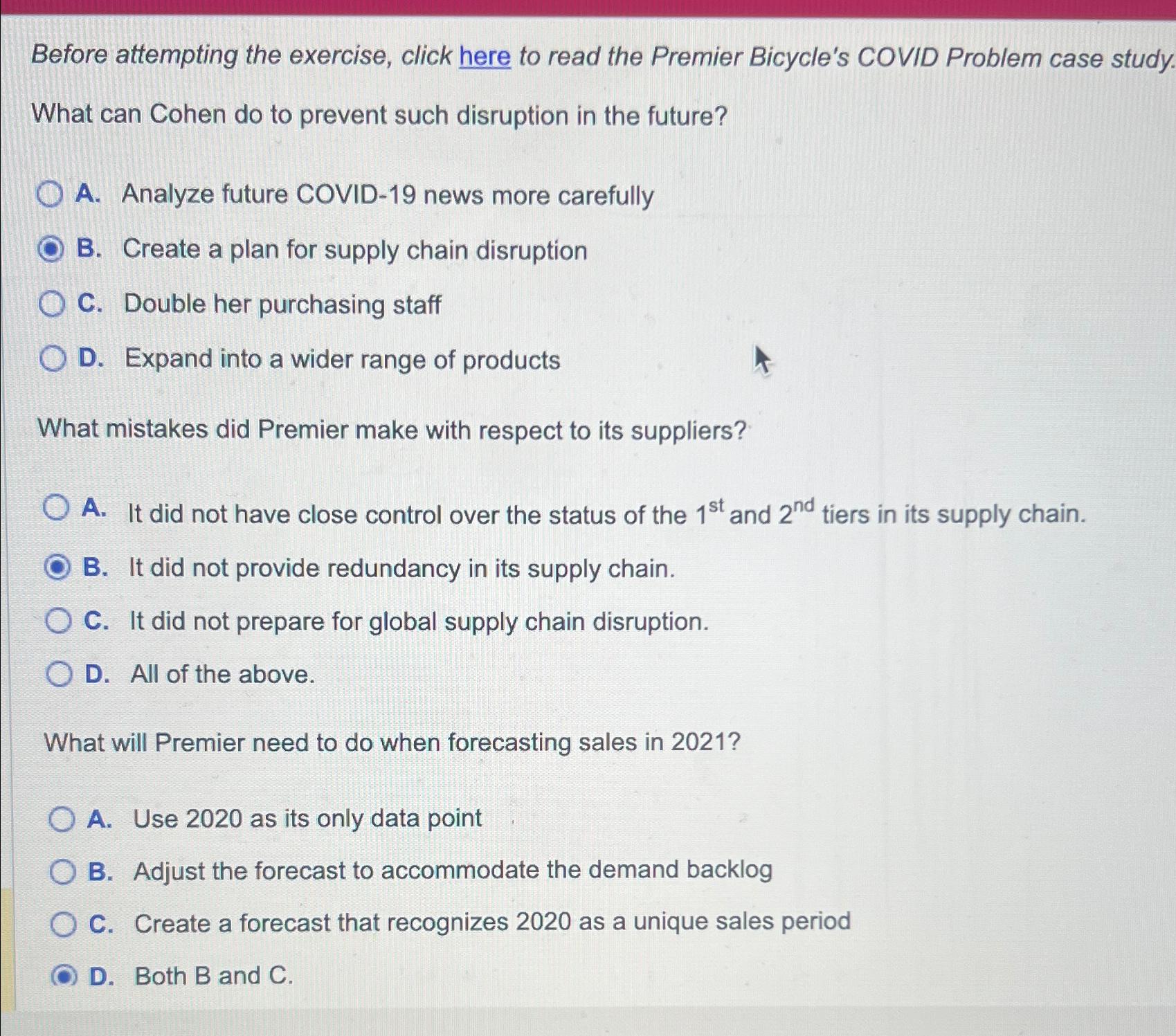  Before attempting the exercise, click here to read the Premier Bicycle's