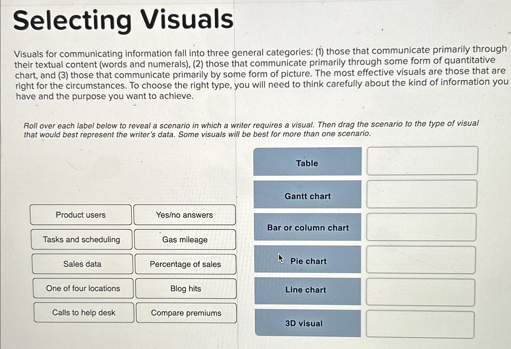  Selecting Visuals Visuals for communicating information fall into three general categories: