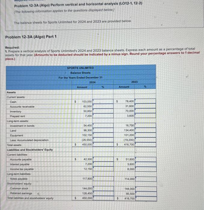 12-3 Problem 12-3A (Algo) Perform vertical and horizontal analysis (LO12-1, 12-2) The