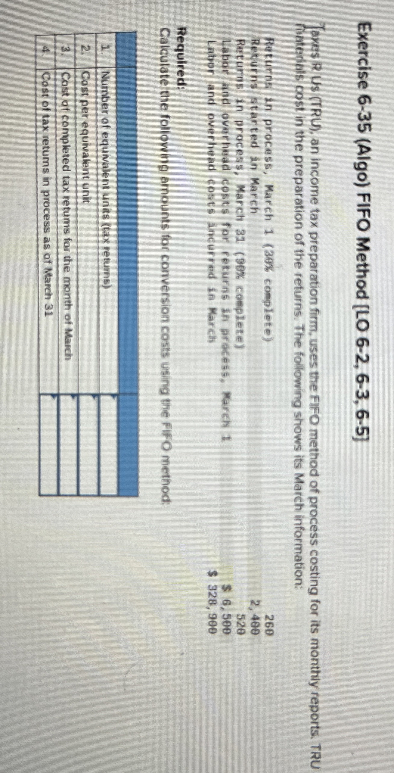  Exercise 6-35(Algo) FIFO Method [LO 6-2,6-3,6-5] Taxes R Us (TRU), an