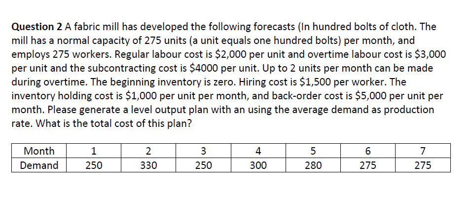 need table and include beginning inventory, Ending inventory ,subcontracting , overtime and
