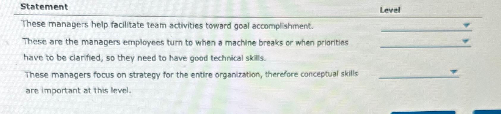  Statement Level These managers help facilitate team activities toward goal accomplishment.