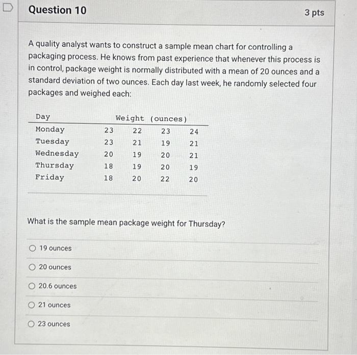  A quality analyst wants to construct a sample mean chart for