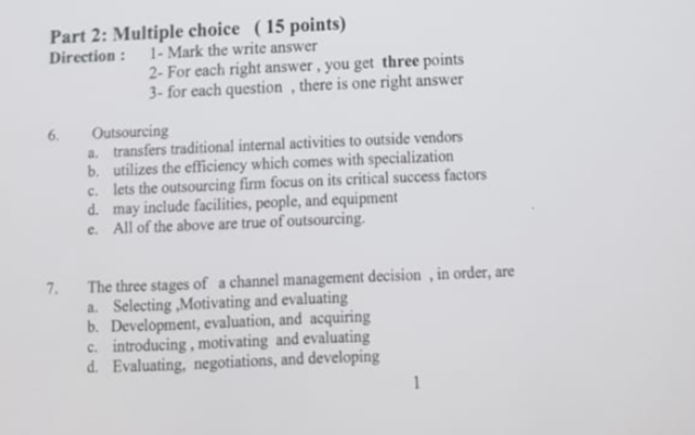 Part 2: Multiple choice ( 15 points) Direction : 1- Mark