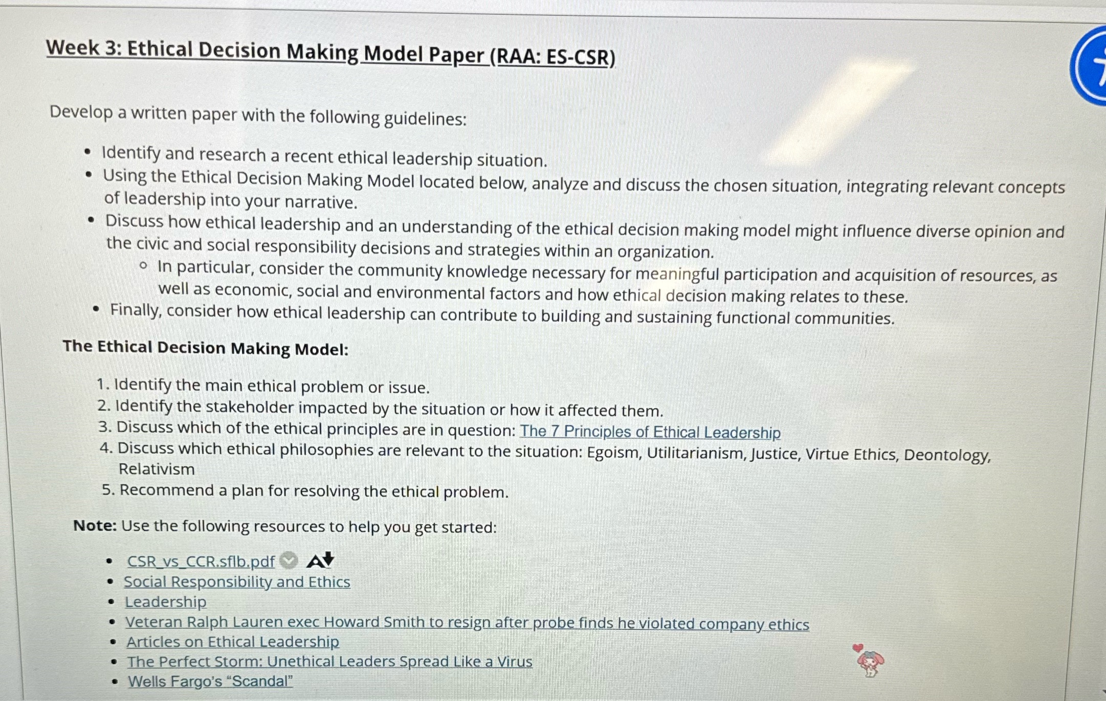 e e T VIGS Week 3: Ethical Decision Making Model Paper