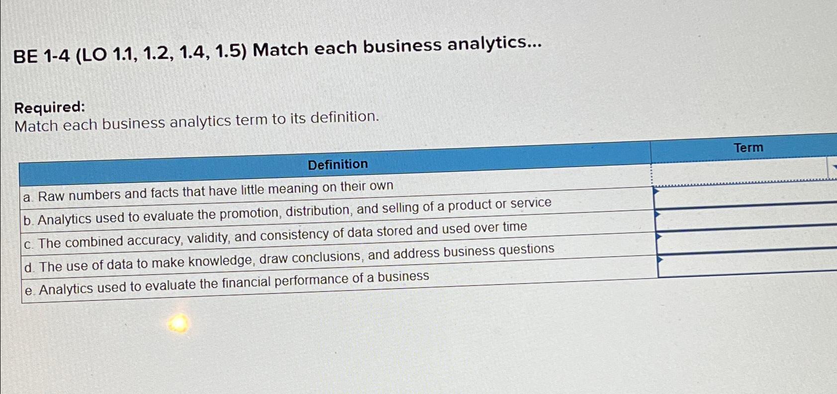  BE 1-4(LO 1.1,1.2,1.4,1.5) Match each business analytics... Required: Match each business