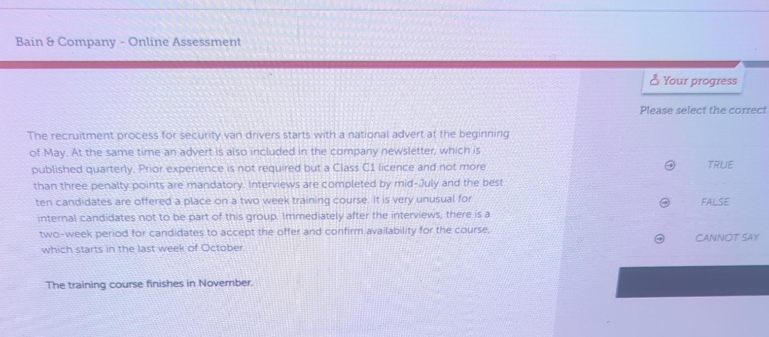  Bain 8 Company - Online Assessment & Your progress Please select