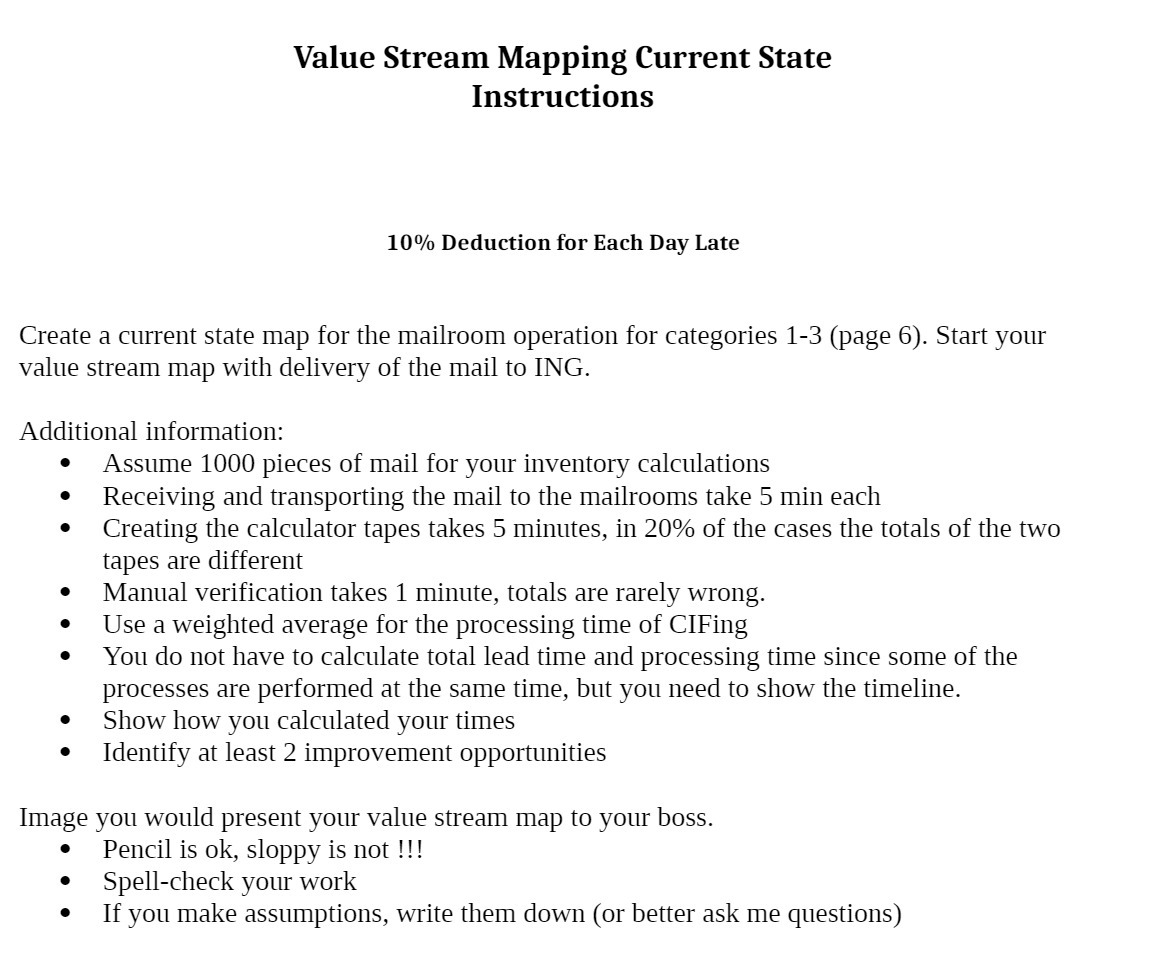  Value Stream Mapping Current State Instructions 10% Deduction for Each Day